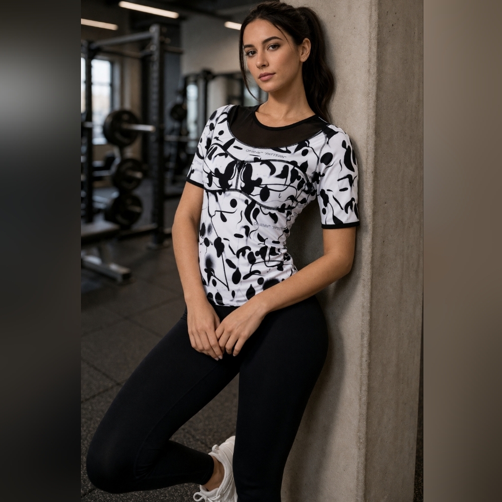 Authentic Off-White Active Top With Mesh With Logo Stretch Black and White Sport